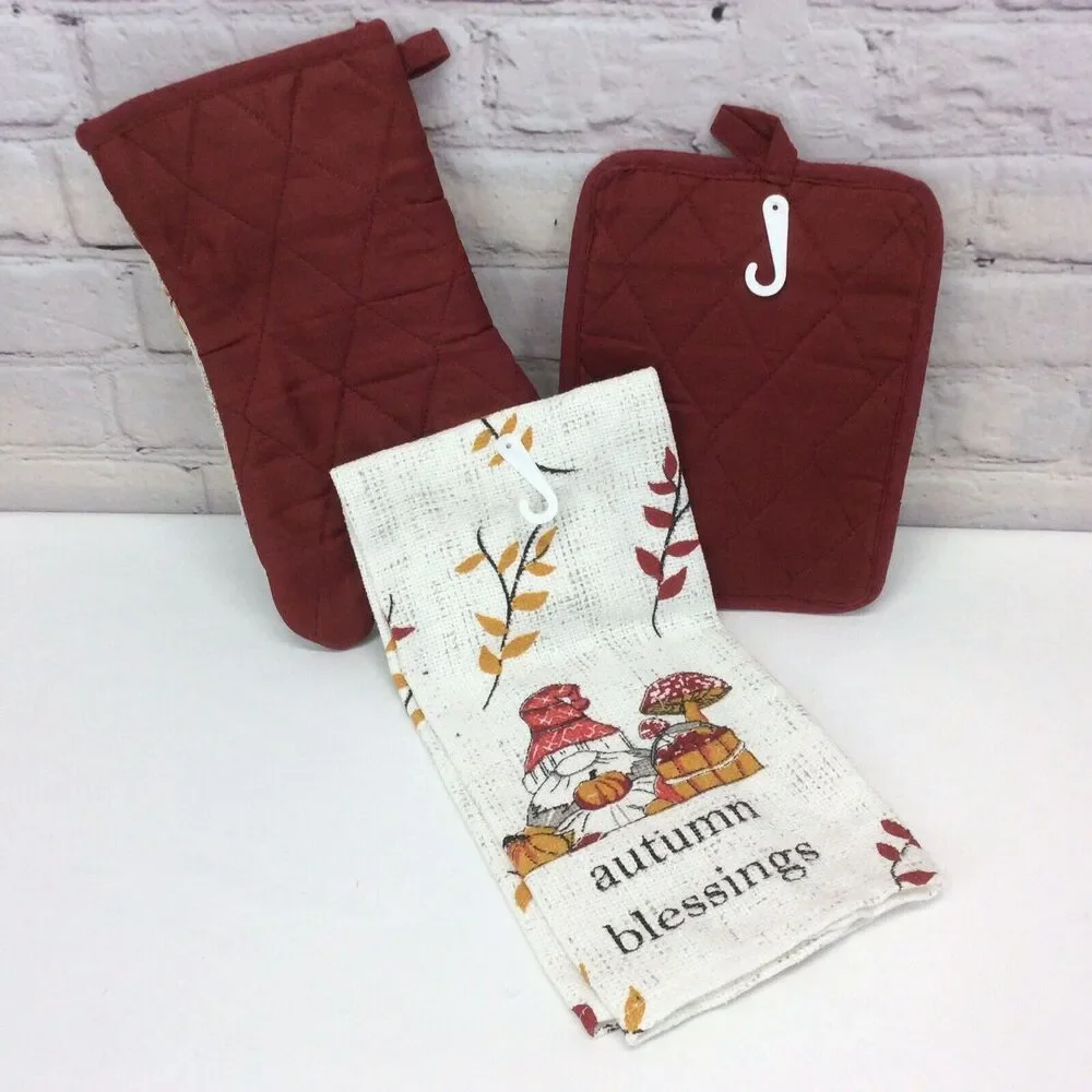 “Autumn Blessings” Gnomes 3 Piece Kitchen Set Dish Towel-Oven Mitt-Pot Holder